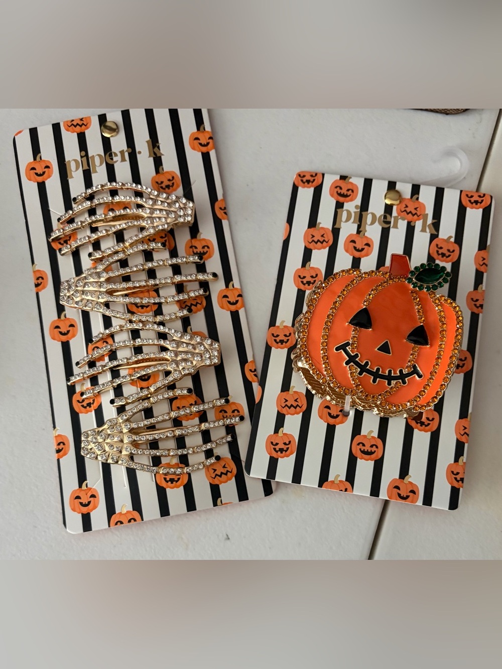 Piper Orange Pumpkin Hair Claw & Gold Skeleton Hair Clip Set